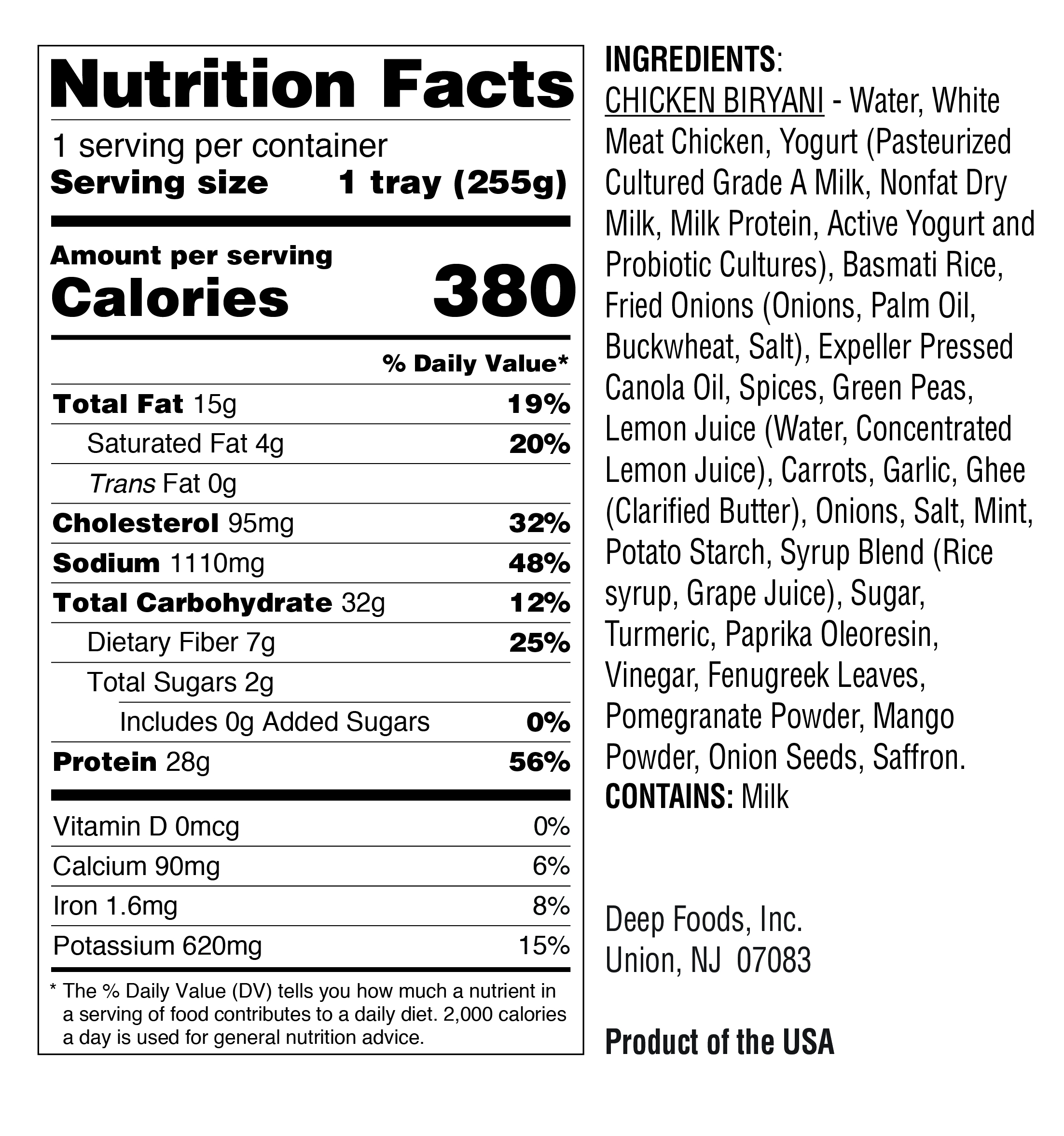 Nutritional fact for Chicken Biryani